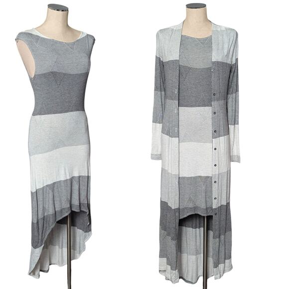 THREE 3 DOTS Soft Dress and Cardigan layered set outfit gray print Medium M - Picture 1 of 1